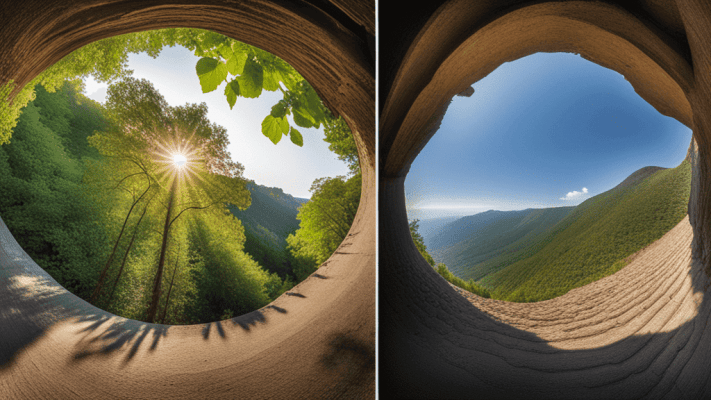 A split-image view looking out through a rounded, textured opening or cave-like tunnel: the left side frames a tall tree with sunburst rays filtering through its leaves and forest greenery, while the right side looks out over rolling green hills under a clear blue sky.