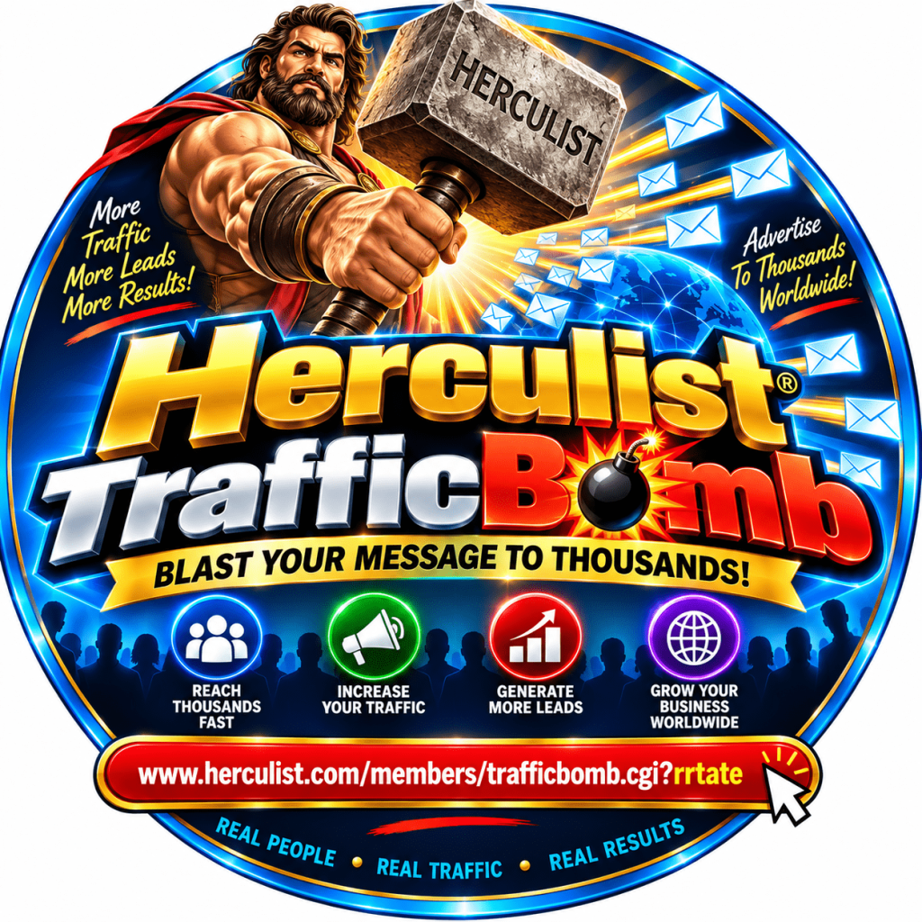 Herculist Traffic Bomb promotes reaching thousands, increasing traffic, generating leads, and growing a business worldwide