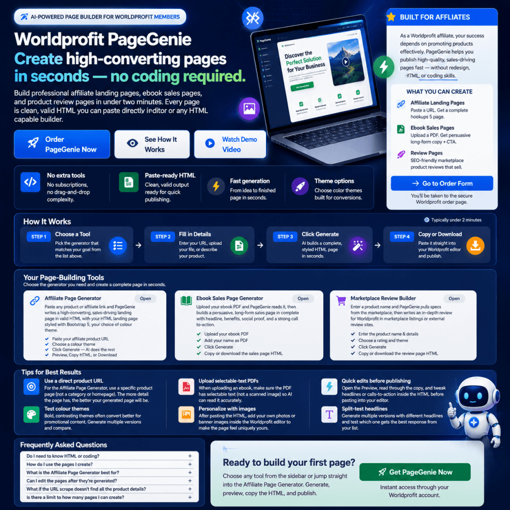 Promotional graphic for Worldprofit PageGenie, an AI page builder for creating affiliate pages without coding