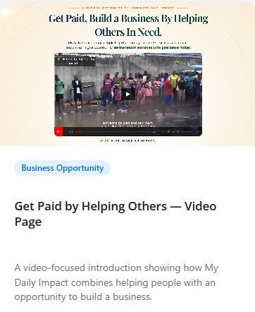 Screenshot of a video page titled “Get Paid by Helping Others in Need,” showing people gathered in a community setting