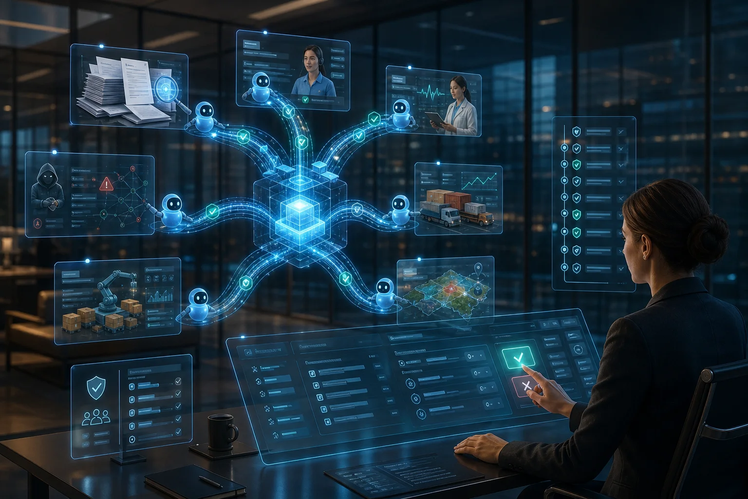 Businesswoman operates a holographic AI cybersecurity and logistics dashboard with connected data panels